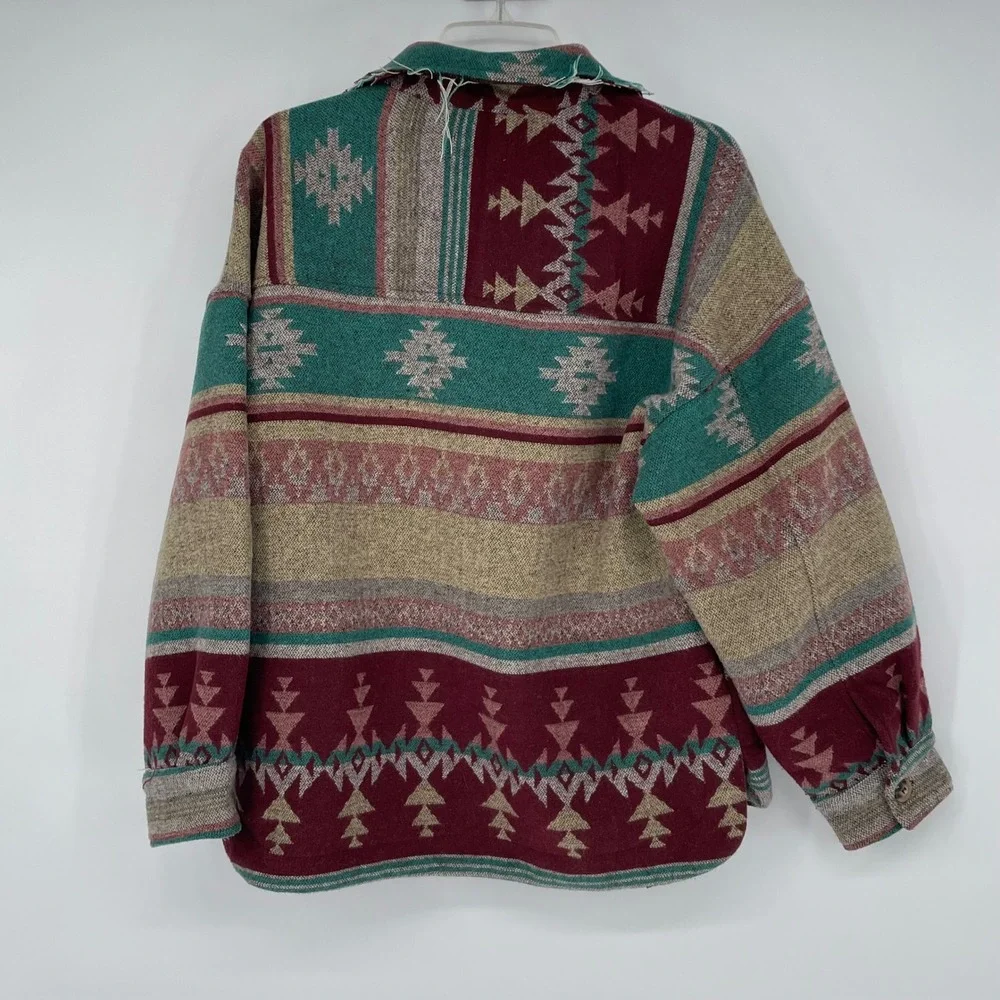 Newin Womens‎ Aztec Southwestern Shacket Jacket Burgundy Teal Small